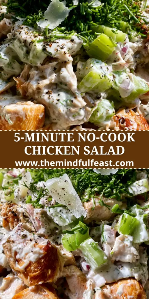 Rotisserie Chicken Salad with Creamy Greek Yogurt and Fresh Herbs 4 A close-up shot of creamy Rotisserie Chicken Salad in a ceramic bowl with visible shredded chicken, fresh dill, and chives.