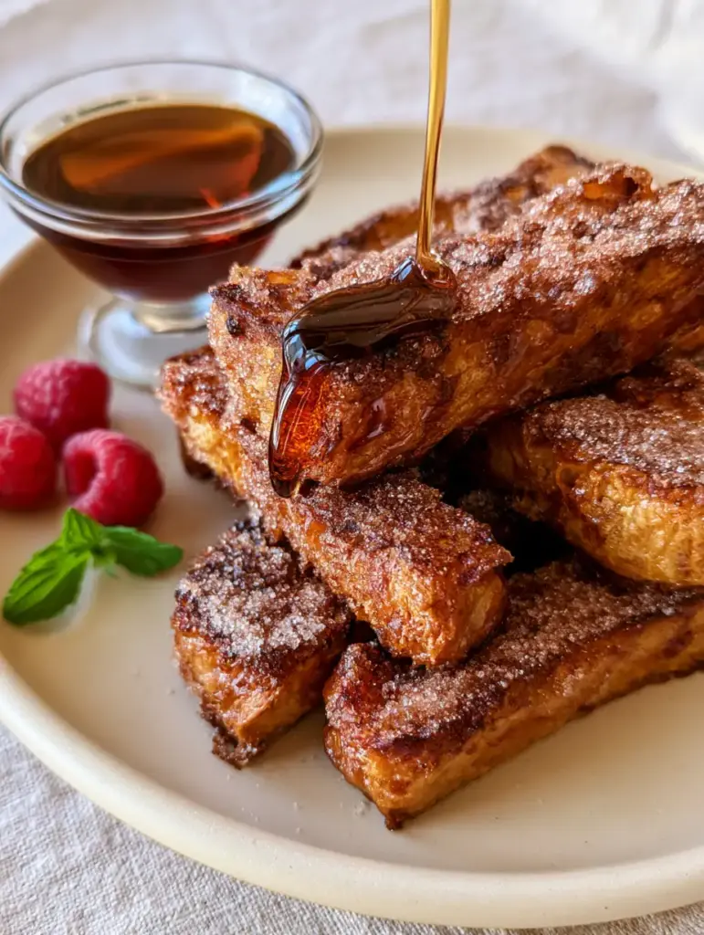 French Toast Sticks: The Ultimate Crispy Air-Fried Brioche Recipe 2 High-angle close-up of thick-cut brioche French Toast Sticks on a matte cream plate with raspberries. (French Toast Sticks)