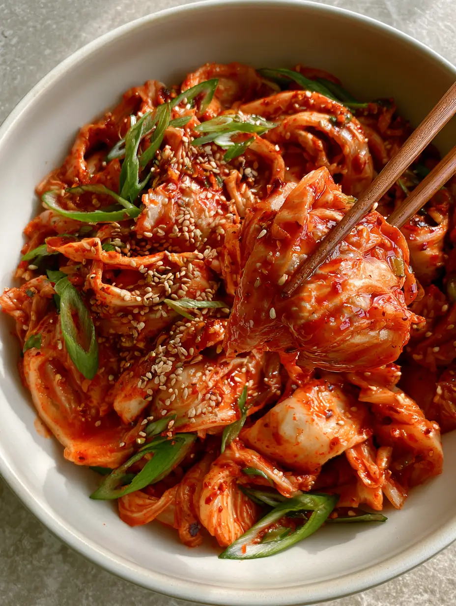 Top-down macro shot of hand-torn napa cabbage coated in a vibrant crimson chili sauce with sesame seeds. (Korean Cabbage Salad)