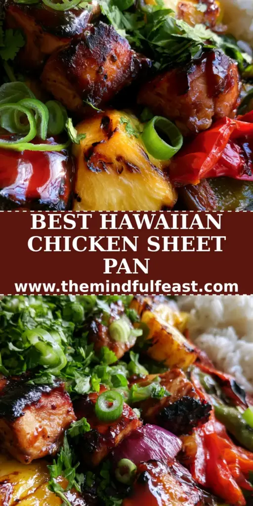 A close-up vertical shot of Hawaiian chicken sheet pan dinner with glistening mahogany glaze, charred pineapple, and vibrant blistered peppers over jasmine rice. (hawaiian recipe)