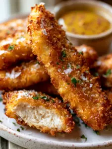 Macro close-up of jagged golden-brown panko coating on Oven baked chicken tenders with flaky salt.
