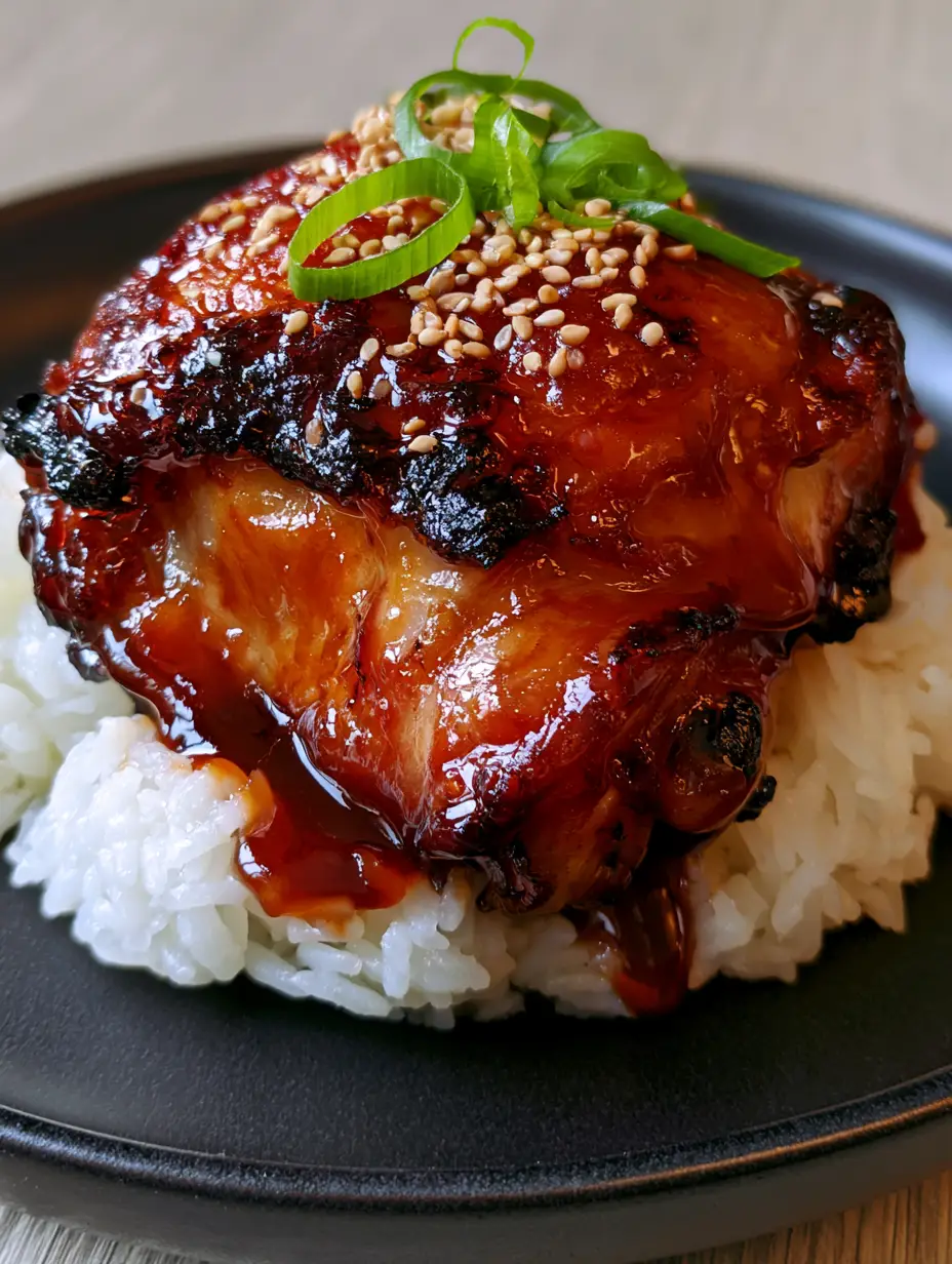 Macro shot of glowing honey BBQ glaze dripping down bubbling chicken skin with charred edges and sesame seeds. (BBQ chicken thighs)