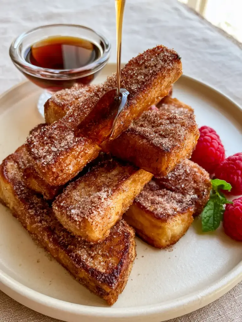 French Toast Sticks: The Ultimate Crispy Air-Fried Brioche Recipe 1 Detailed shot of the jagged crispy edges and glistening cinnamon sugar on French Toast Sticks.