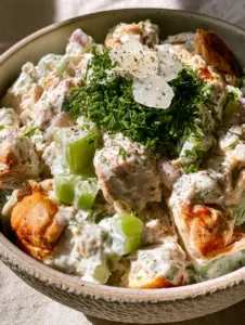 Macro photo of chunky Rotisserie Chicken Salad featuring golden skin bits and vibrant herbs.