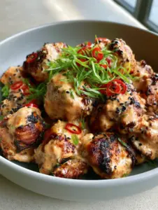 Close-up high angle photo of air-fried Bang Bang Chicken Thighs showing glossy pastel-orange sauce and charred edges.