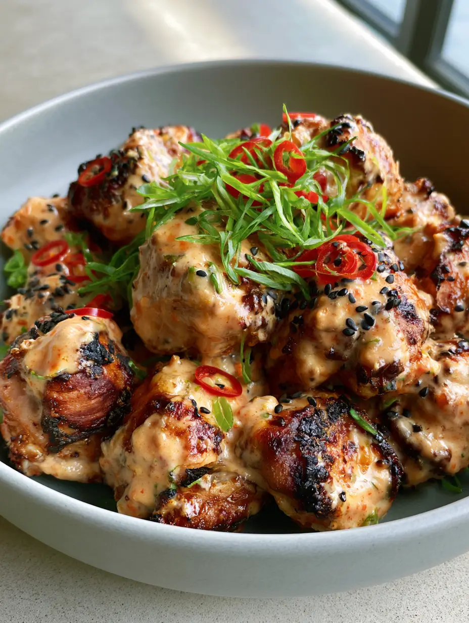 Bang Bang Chicken Thighs: The Ultimate Crispy Air Fryer Recipe 3 Close-up high angle photo of air-fried Bang Bang Chicken Thighs showing glossy pastel-orange sauce and charred edges.