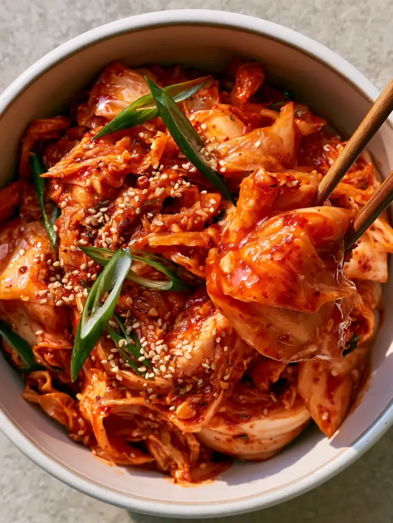 A close-up of wooden chopsticks lifting a sauce-dripping portion of Korean Cabbage Salad.