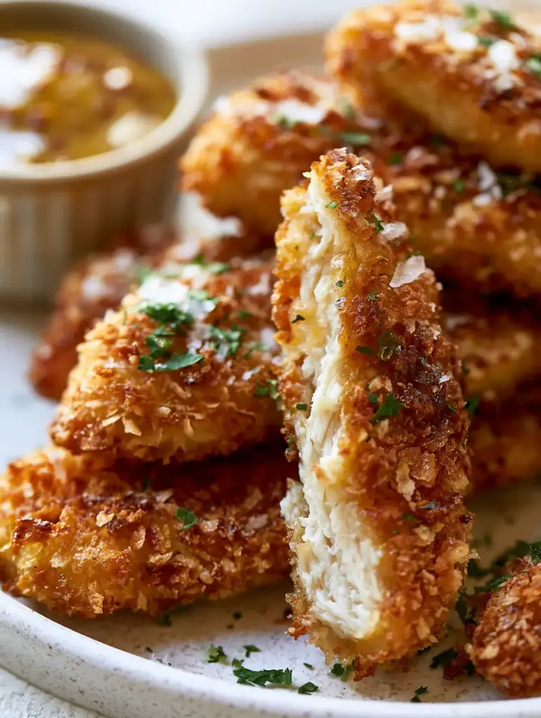 Oven Baked Chicken Tenders with the Ultimate Craggy Panko Crust 1 Oven baked chicken tenders snapped in half to show steaming juicy white meat fibers.
