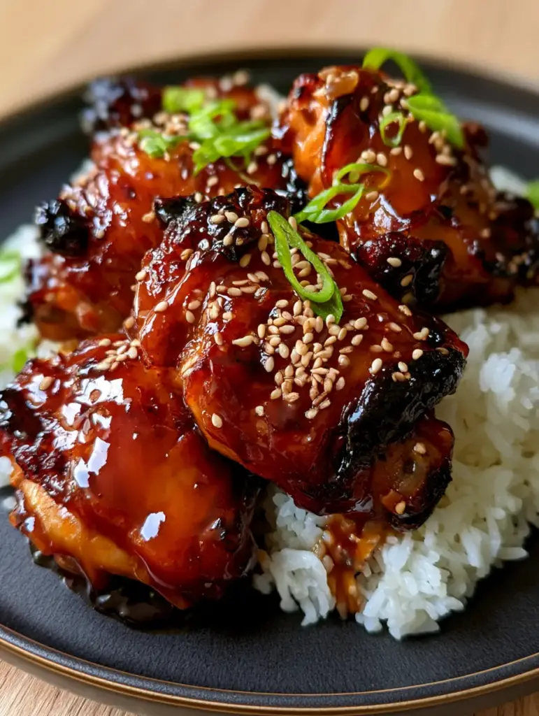 Close-up of oven-baked chicken thighs topped with neon-green scallions and sesame seeds on a matte black stoneware plate.