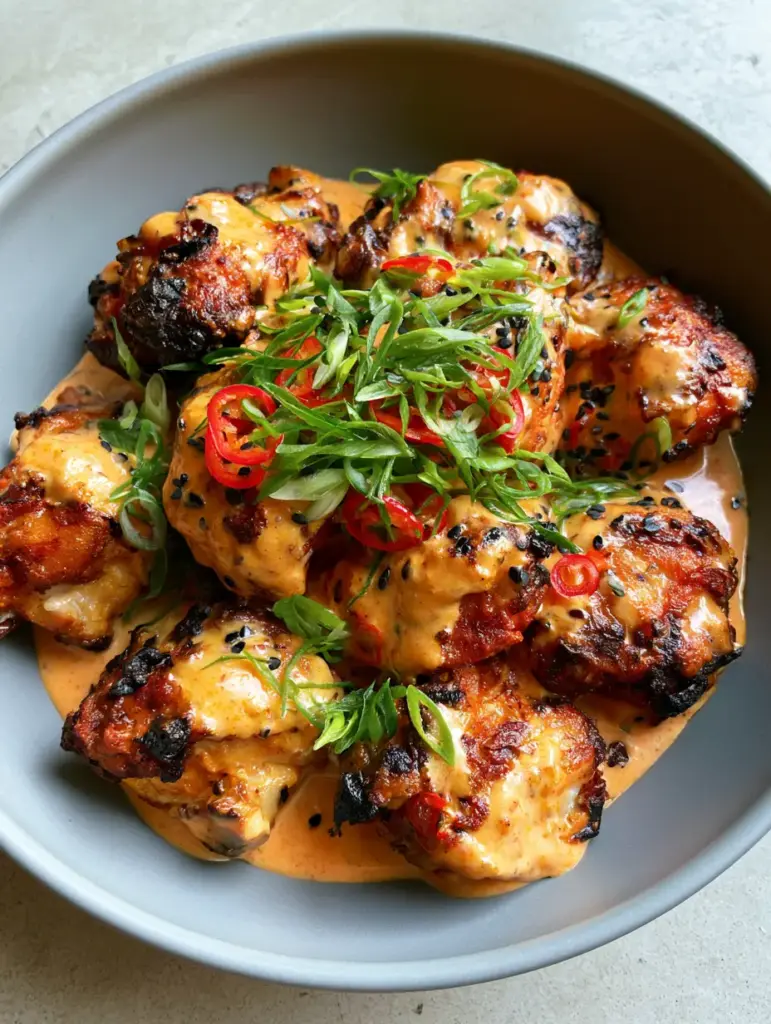 Bang Bang Chicken Thighs: The Ultimate Crispy Air Fryer Recipe 1 Meticulously detailed shot of Bang Bang Chicken Thighs in a grey ceramic bowl on a neutral concrete surface.