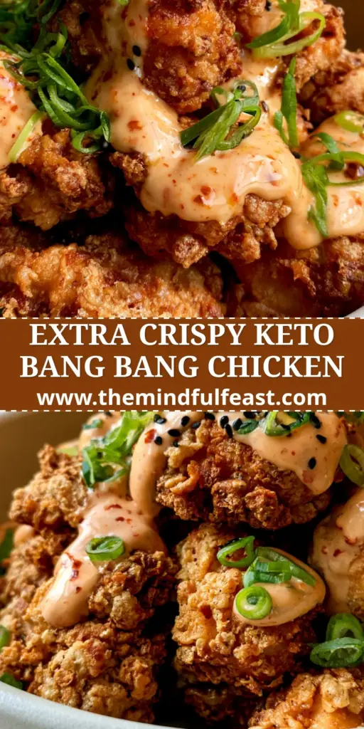 Low Carb Bang Bang Chicken: The Ultimate Extra Crispy Air Fryer Recipe 4 A close-up of extra crispy air-fried chicken bites in a white bowl, drizzled with orange sauce and garnished with scallions and sesame seeds. (low carb bang bang chicken)