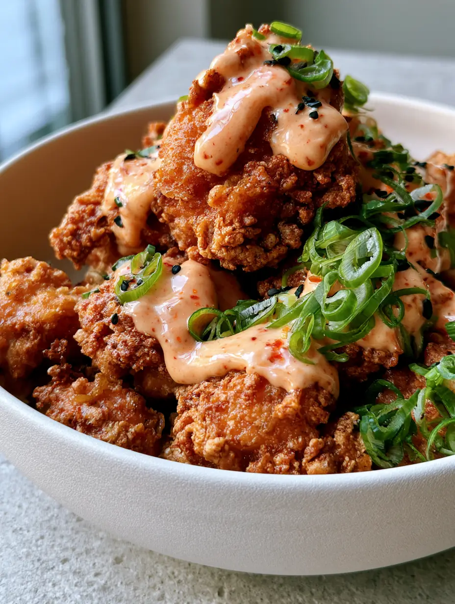 Low Carb Bang Bang Chicken: The Ultimate Extra Crispy Air Fryer Recipe 3 Smartphone photo of golden brown crispy chicken chunks piled in a modern ceramic bowl with a pale orange sriracha mayo drizzle. (low carb bang bang chicken)