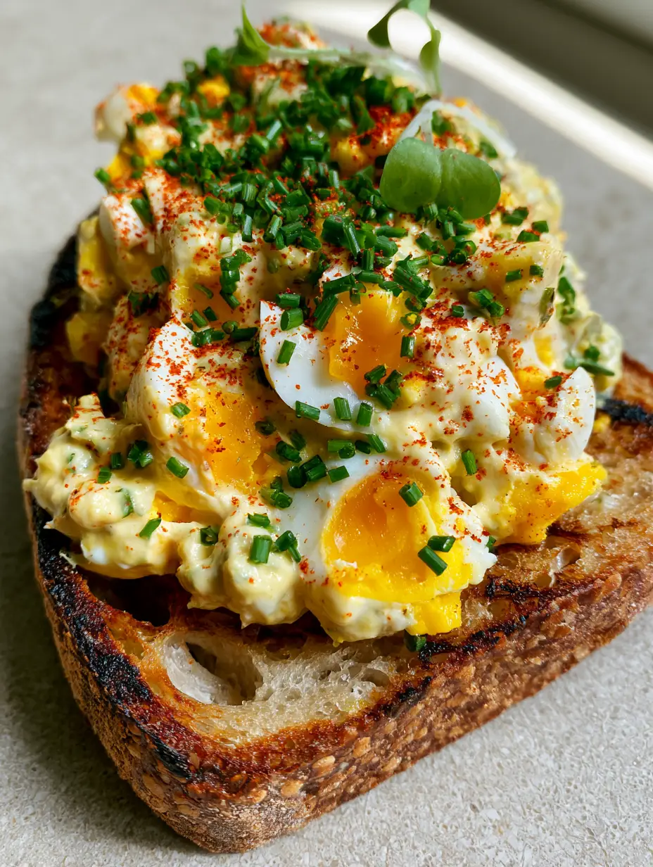 Close-up of velvety egg salad with large yolk chunks and micro-arugula on toasted bread. (egg salad sandwich recipe)