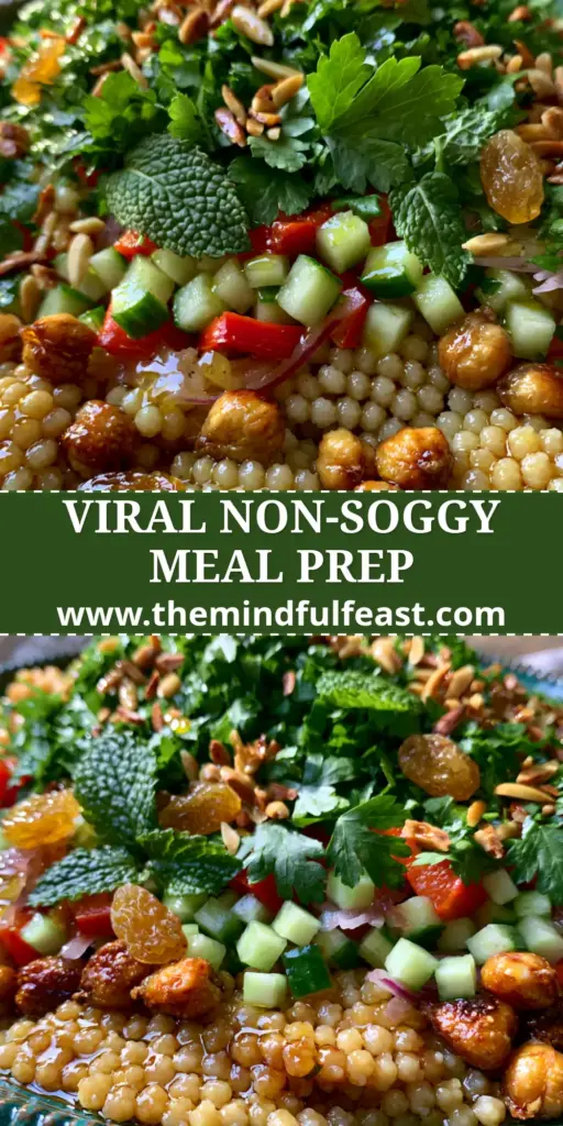 A close-up of a Moroccan couscous salad in a teal bowl featuring golden roasted chickpeas and fresh green herbs.