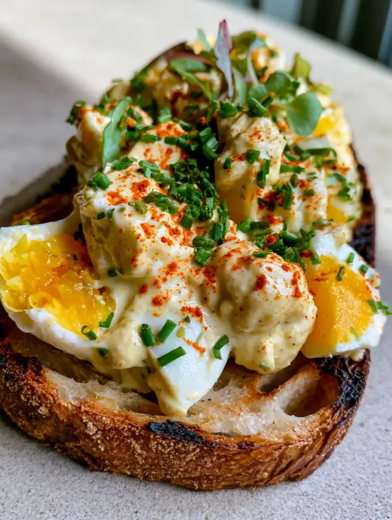 Overhead view of a mountain of egg salad topped with fresh chives and smoked paprika.