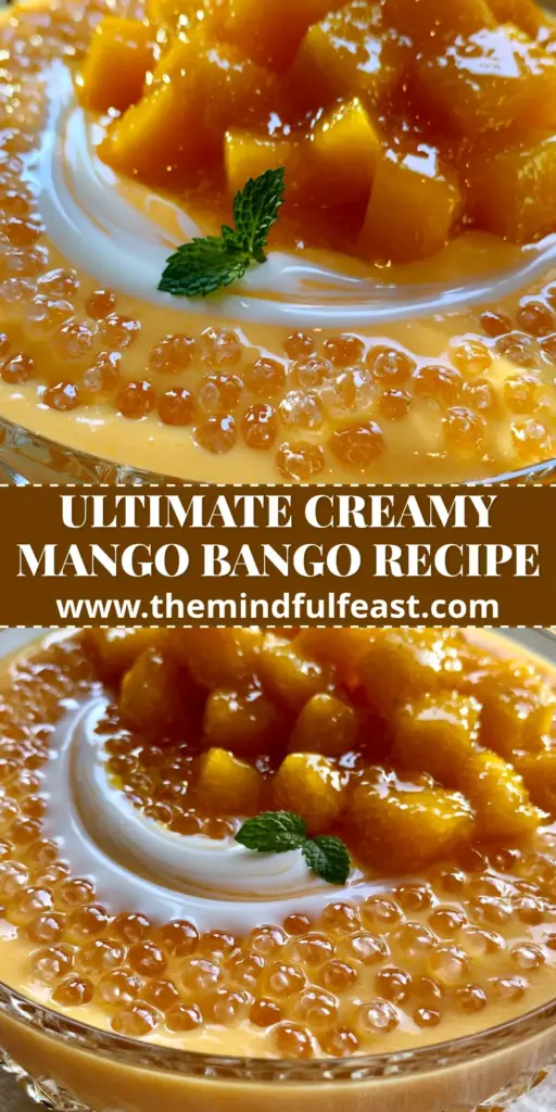Mango Bango: The Ultimate Creamy Filipino Mango Sago Dessert 4 A close-up vertical shot of Mango Bango in a crystal bowl, featuring bright golden mango cubes and a marble swirl of white cream. (mango bango)