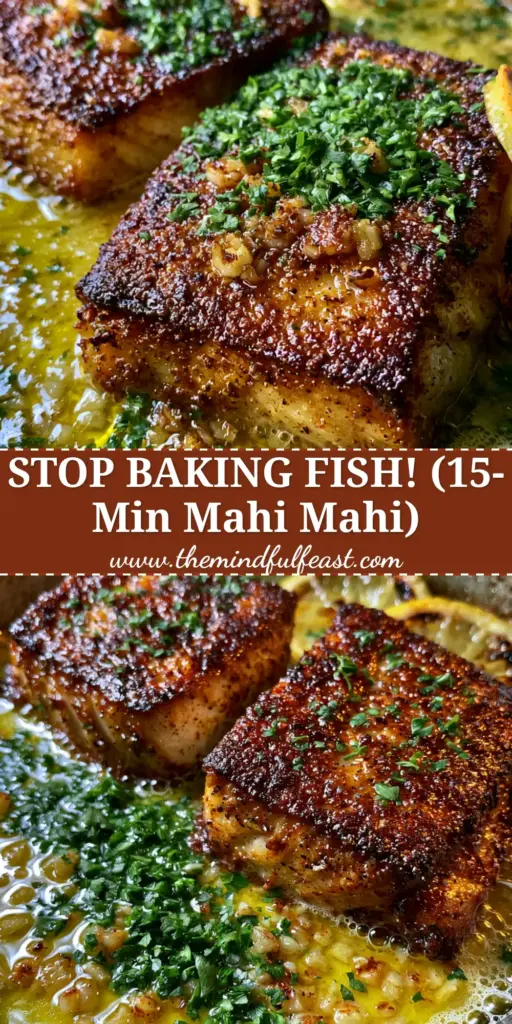 A professional shot of garlic butter mahi mahi fillets in a cast iron pan with charred lemons and parsley.
