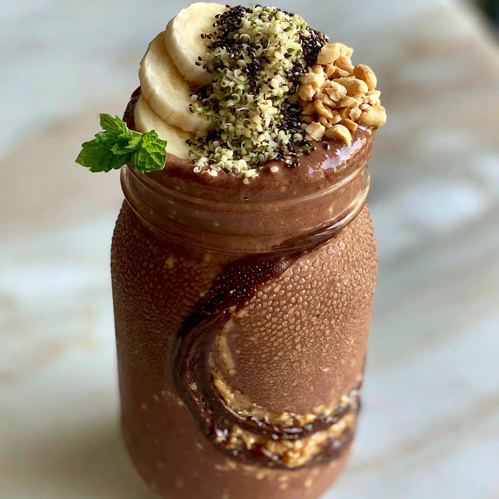 Breakfast Smoothie Recipes: The Ultimate Ultra-Thick Chocolate Nut Butter Protein Frosty 2 Close up of a condensation-beaded glass jar filled with thick chocolate smoothie and a visible nut butter swirl. (breakfast smoothie recipes)