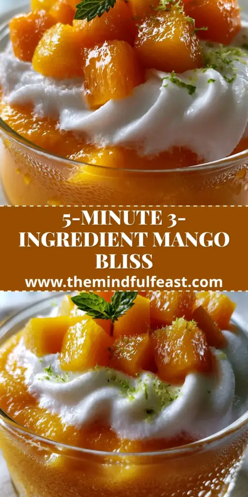 A tall glass filled with orange mango mousse, white coconut cream, and diced mango cubes on a linen surface. (3 ingredient mango dessert)