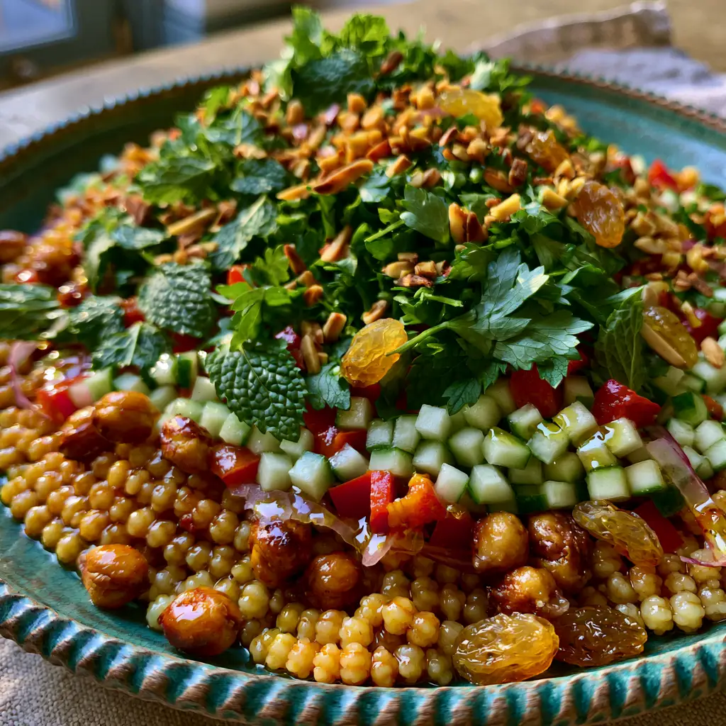 Smartphone photo of a Moroccan couscous salad showing plump pearl grains and bright red bell peppers.