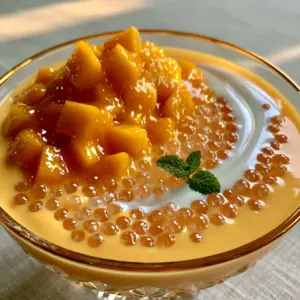 A handheld smartphone photo showing the texture of translucent sago pearls mixed into a pale orange mango bango cream. (mango bango)
