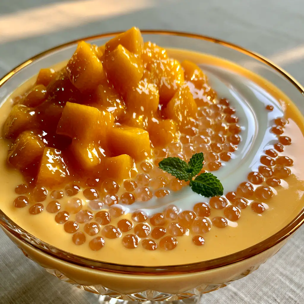 A handheld smartphone photo showing the texture of translucent sago pearls mixed into a pale orange mango bango cream. (mango bango)