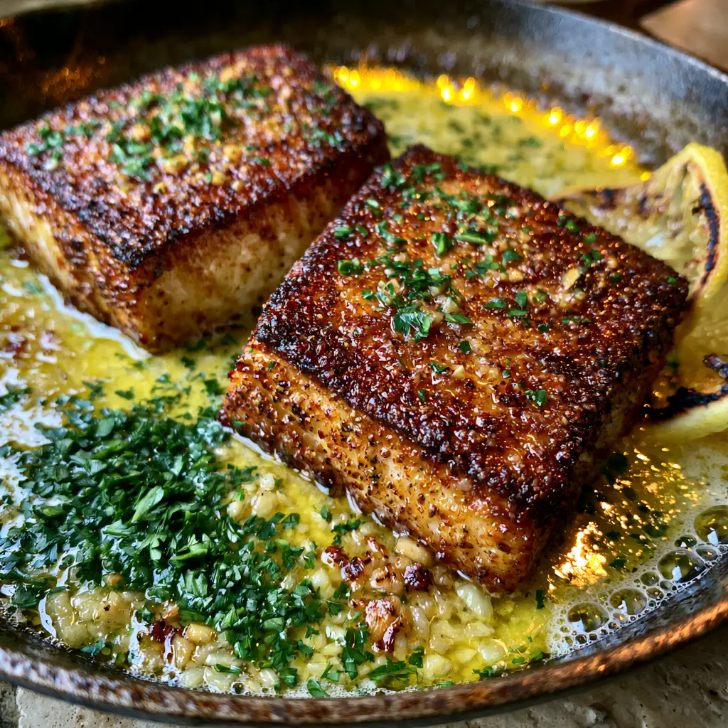 Extreme close-up of garlic butter mahi mahi being basted in a skillet with bubbles and fresh herbs. (garlic butter mahi mahi)