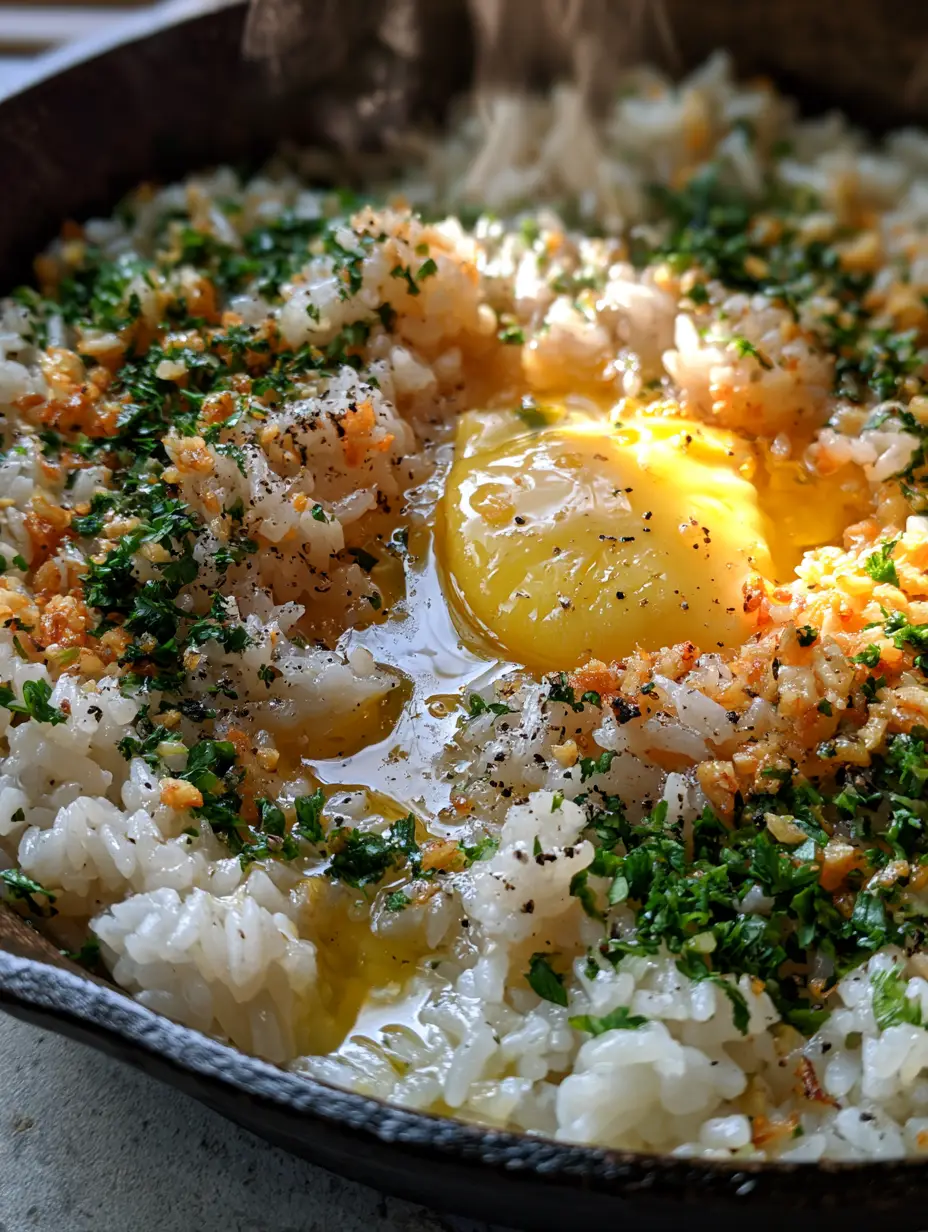 Close-up of individual grains of Garlic Butter Rice glistening with melted butter and sprinkled with black pepper and parsley.