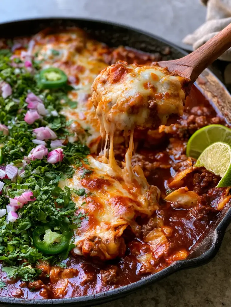 Close-up of ground beef and torn tortillas in a deep red enchilada sauce with melted Mexican cheese.