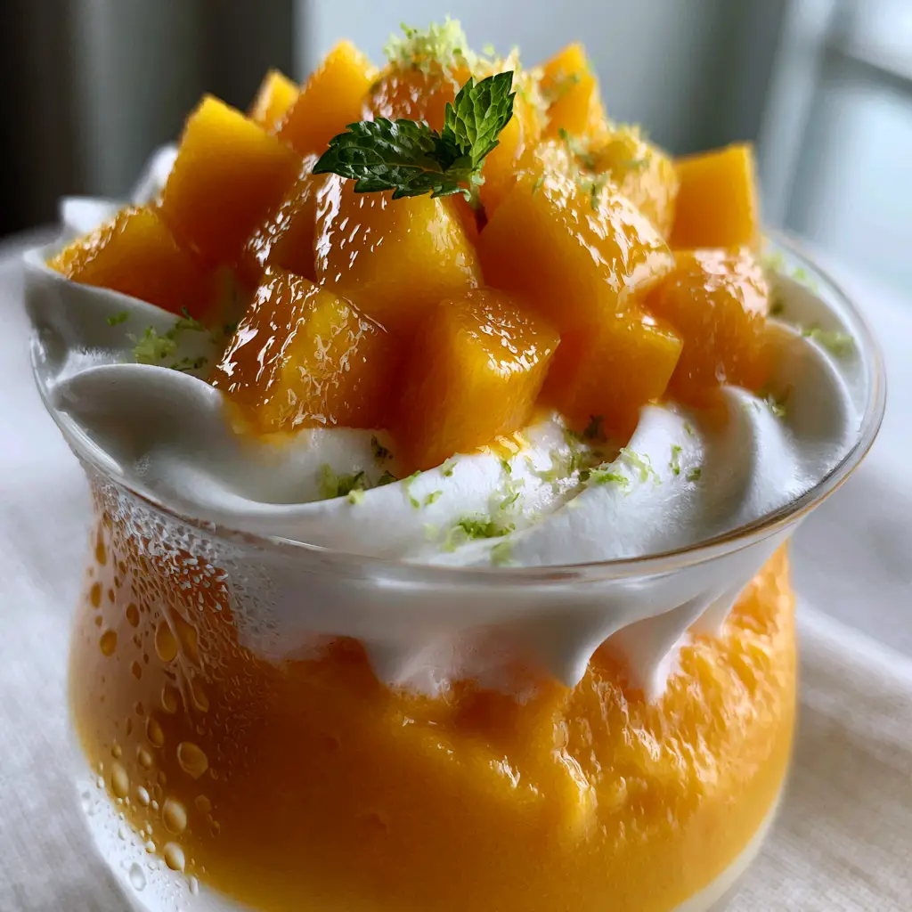 Macro close-up of sunset-orange mango puree topped with whipped coconut cream and glistening mango cubes. (3 ingredient mango dessert)