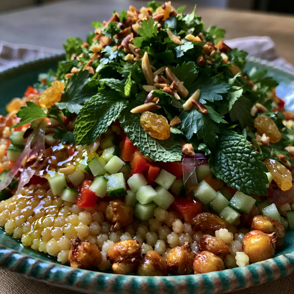 Detailed shot of Moroccan couscous salad with a mountain of fresh parsley, mint, and toasted slivered almonds.