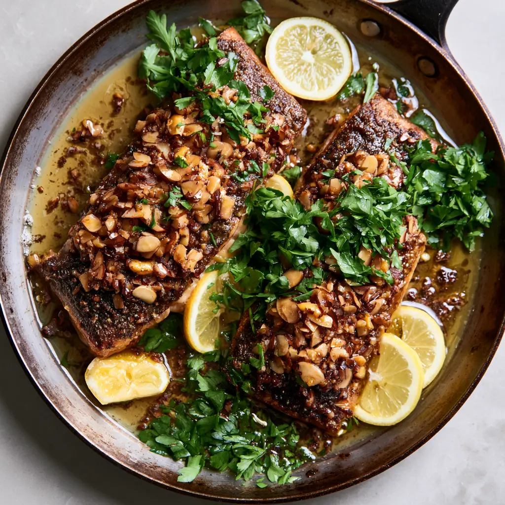 Rainbow Trout Almondine: A Crispy Pan-Seared Masterpiece in Lemon Butter Sauce 1 Overhead view of a rustic skillet featuring trout almondine garnished with fresh parsley and lemon half-moons.
