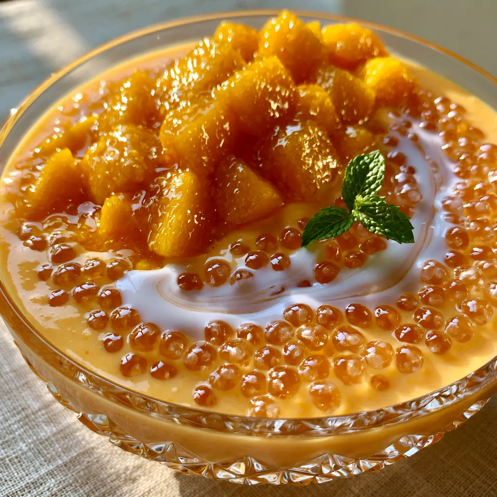 Mango Bango: The Ultimate Creamy Filipino Mango Sago Dessert 1 High-shine highlights on diced ripe mangoes topping a bowl of creamy mango bango with a mint garnish.