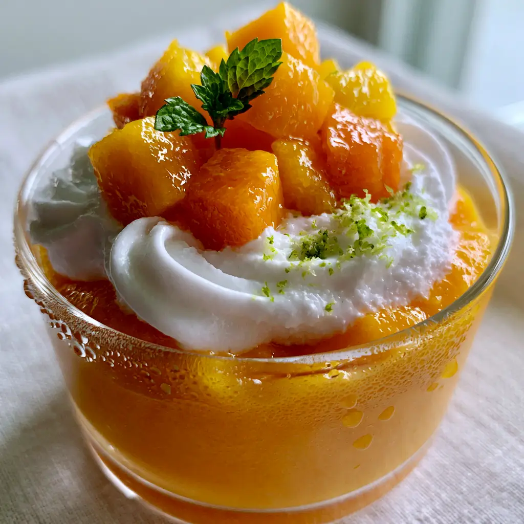 Detailed view of condensation on a glass ramekin filled with mango dessert and fresh mint.