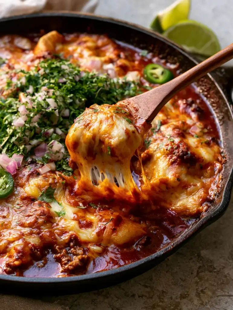 Enchilada Skillet: The Ultimate One-Pan Cheesy Beef Dinner 1 Garnished Enchilada Skillet with lime wedges, red onion, and jalapenos in a black cast iron pan.