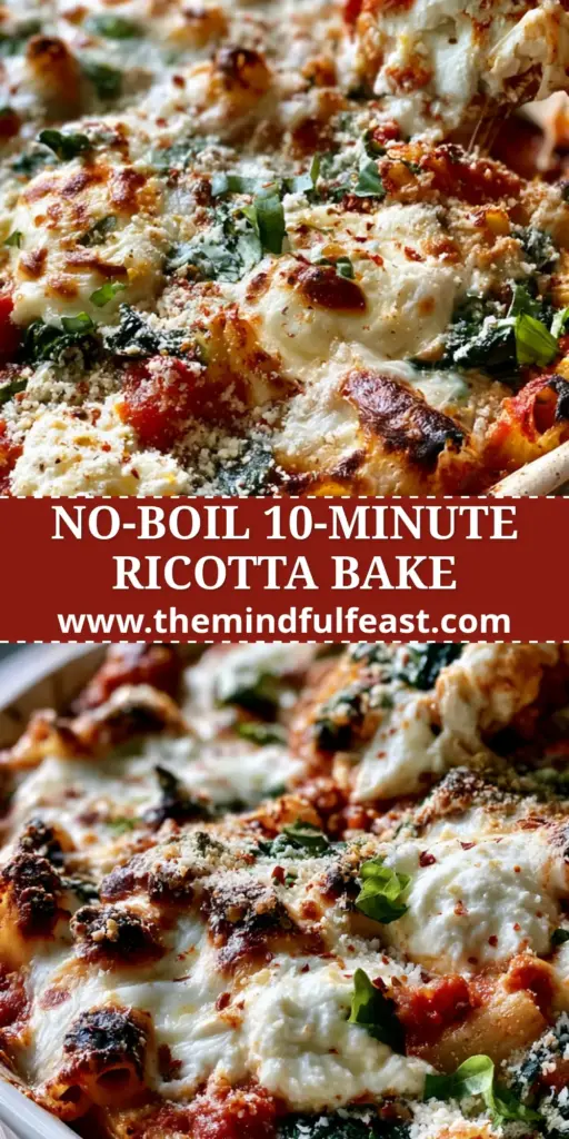Ricotta Pasta Bake with Bubbly Mozzarella and Crispy Ziti Edges 4 A rustic white ceramic dish featuring a ricotta pasta bake with bubbly golden-brown mozzarella, charred ziti edges, and creamy white ricotta dollops. (ricotta pasta bake)