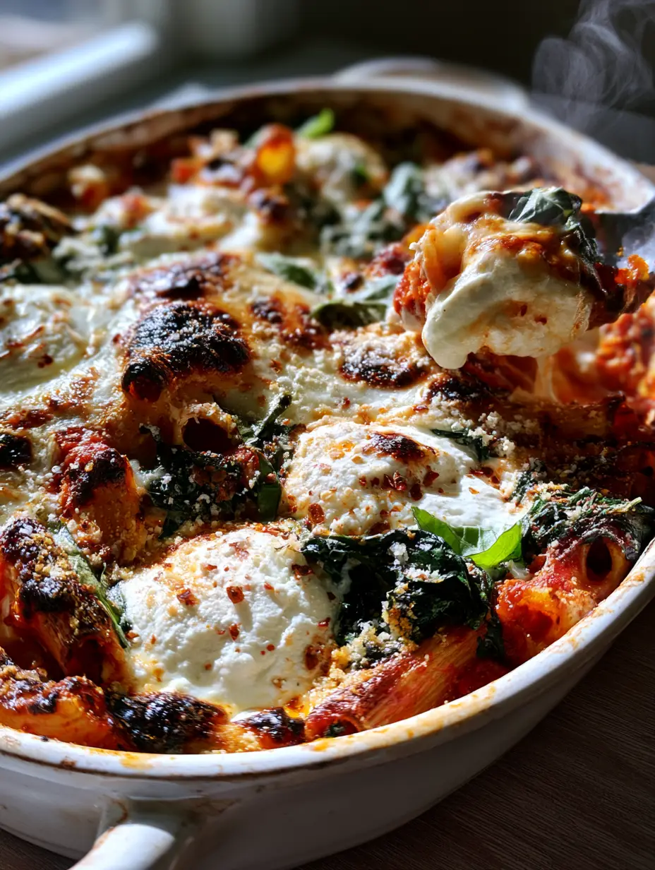 Ricotta Pasta Bake with Bubbly Mozzarella and Crispy Ziti Edges 3 Overhead view of a ricotta pasta bake in a white dish with fresh basil and wilted spinach. (ricotta pasta bake)
