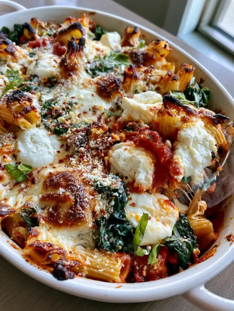 Ricotta Pasta Bake with Bubbly Mozzarella and Crispy Ziti Edges 1 Close-up of a serving spoon lifting a portion of ricotta pasta bake, showing a long cheese pull and steam.