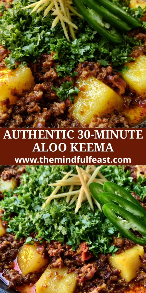 A close-up shot of Aloo Keema in a cast iron skillet, featuring caramelized ground beef, golden potato cubes, and fresh ginger garnish.