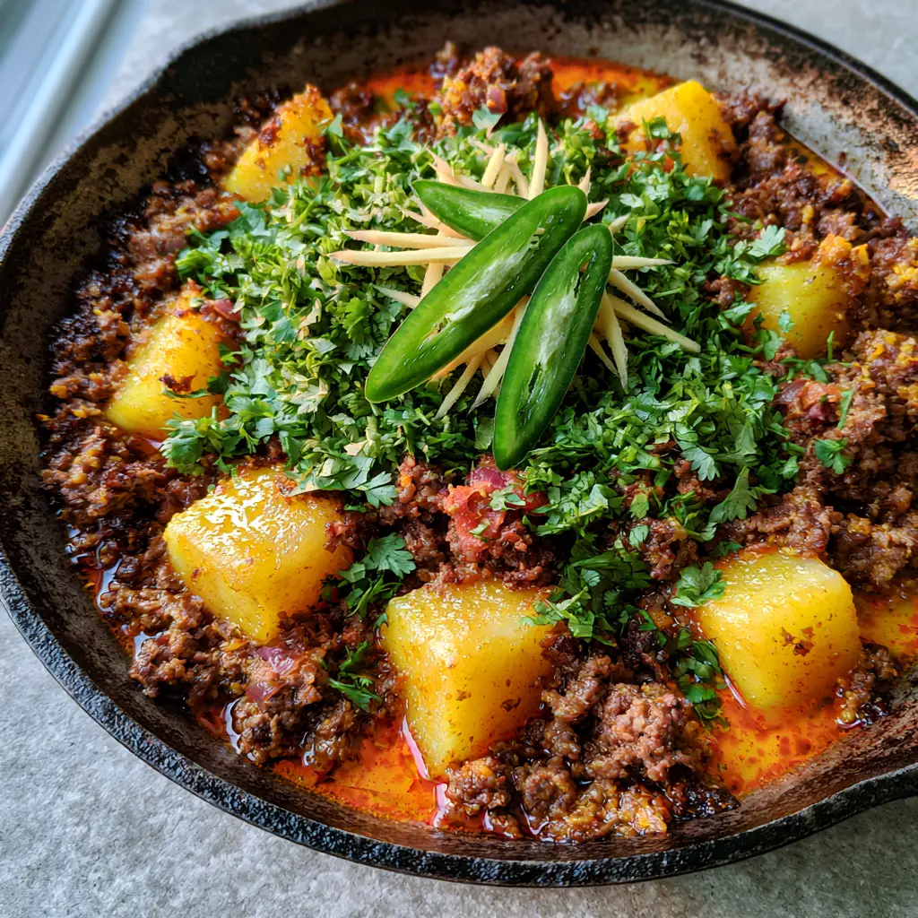 Golden cubed Yukon gold potatoes nestled in a spicy beef Keema base.