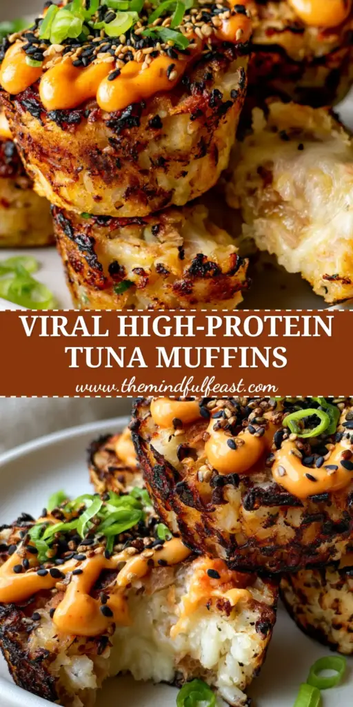 Tuna Rice Muffins with Crispy Sushi Rice and Sriracha Aioli 4 A stack of three crispy tuna rice muffins with a thick sriracha aioli drizzle and green scallions. (tuna rice muffins)