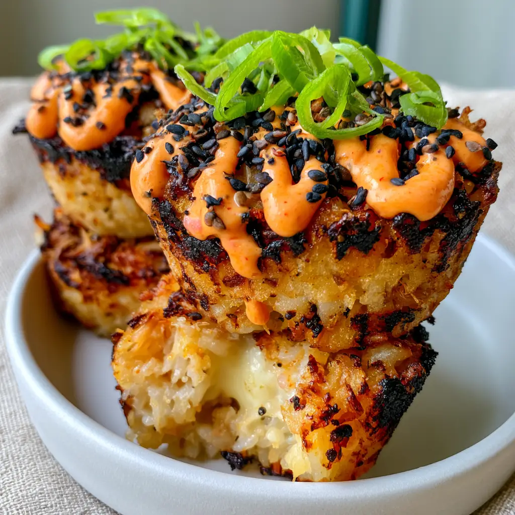 Extreme close-up of three crispy tuna rice muffins showing charred rice grains and sriracha mayonnaise zigzag. (tuna rice muffins)