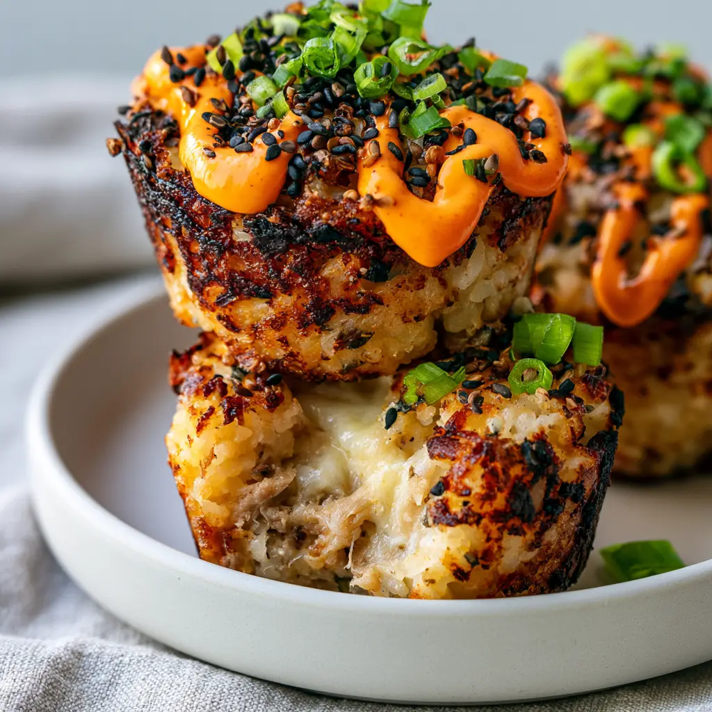 Tuna Rice Muffins with Crispy Sushi Rice and Sriracha Aioli 1 A tuna rice muffin broken open to reveal a moist interior with melted cheese and steaming tuna flakes.