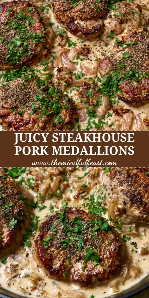 A close-up shot of thick-cut pork medallions with onion gravy in a cast iron skillet, garnished with parsley and thyme.