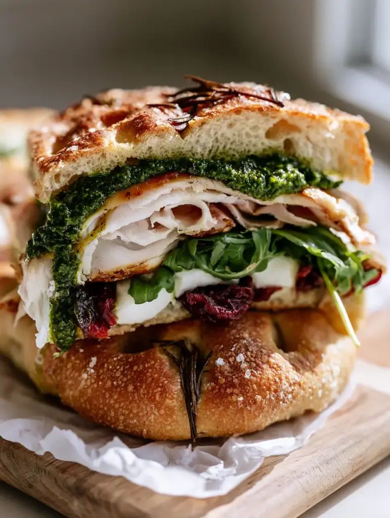 Italian Turkey Focaccia Sandwiches with Fresh Buffalo Mozzarella and Basil Pesto 2 A 45-degree angle shot of an Italian Turkey Focaccia Sandwich revealing emerald green pesto and ribboned turkey layers. (Italian Turkey Focaccia Sandwiches)