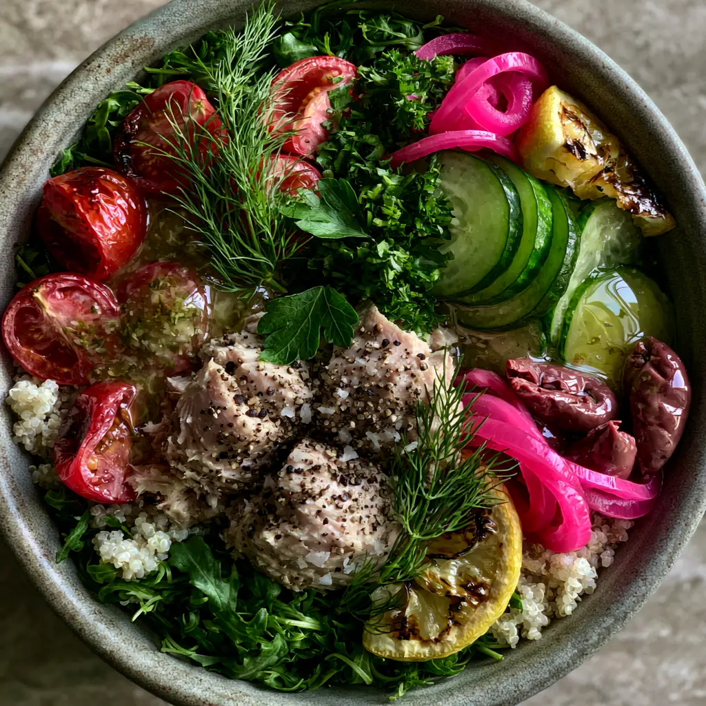 Healthy Canned Tuna Recipes: The Ultimate Mediterranean Albacore Power Bowl 2 Macro shot of large chunks of white albacore tuna seasoned with black pepper in a ceramic bowl. (healthy canned tuna recipes)