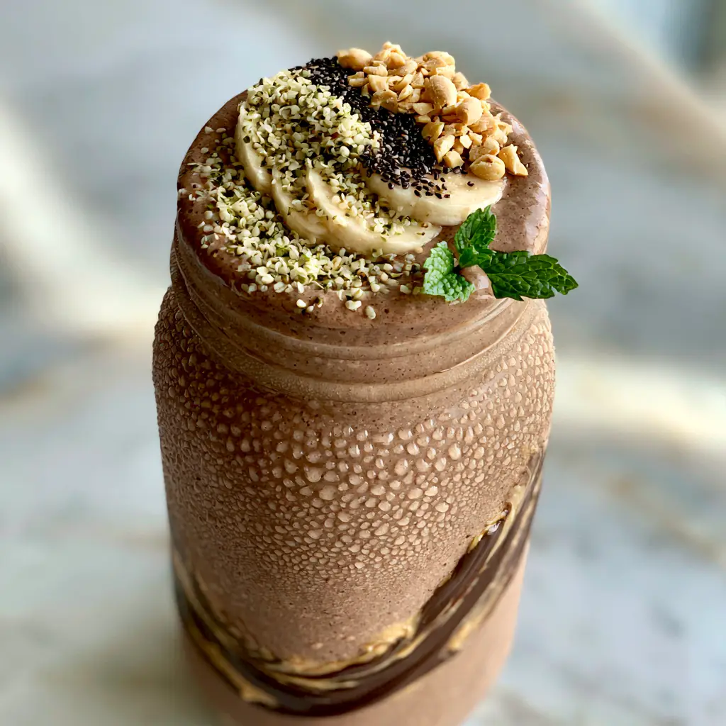 Breakfast Smoothie Recipes: The Ultimate Ultra-Thick Chocolate Nut Butter Protein Frosty 1 Top view of a breakfast smoothie crowned with banana slices, hemp hearts, chia, and peanuts.