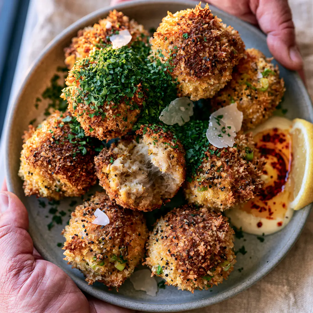 Tuna Meatballs with Crispy Panko and Lemon Garlic Aioli 1 A broken tuna meatball showing the flaky interior next to a lemon garlic aioli. (tuna meatballs)