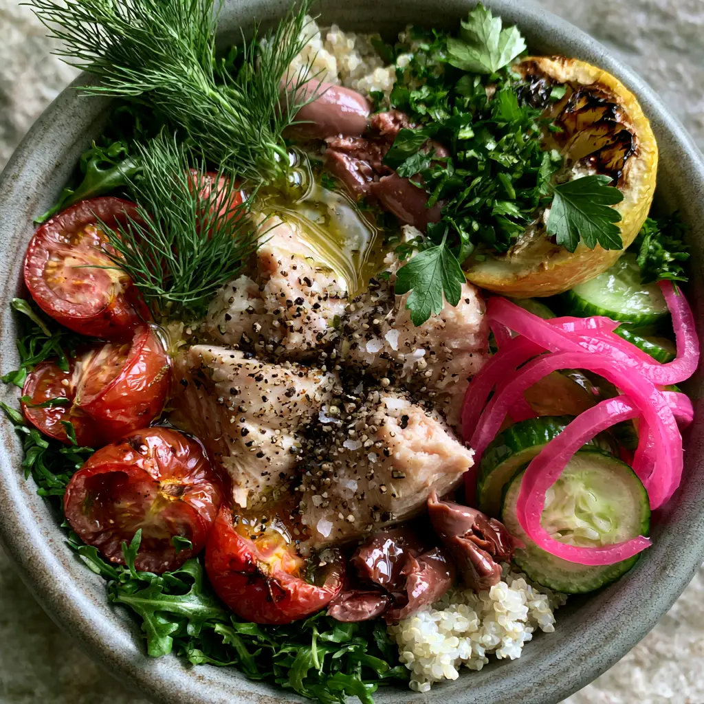 Healthy Canned Tuna Recipes: The Ultimate Mediterranean Albacore Power Bowl 1 A vibrant bowl featuring blistered tomatoes, cucumbers, and pickled onions surrounding a bed of quinoa.