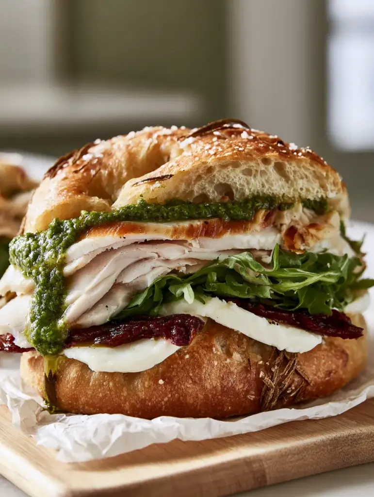 Italian Turkey Focaccia Sandwiches with Fresh Buffalo Mozzarella and Basil Pesto 1 Handheld smartphone photo of an Italian Turkey Focaccia Sandwich on crumpled parchment paper. (Italian Turkey Focaccia Sandwiches)